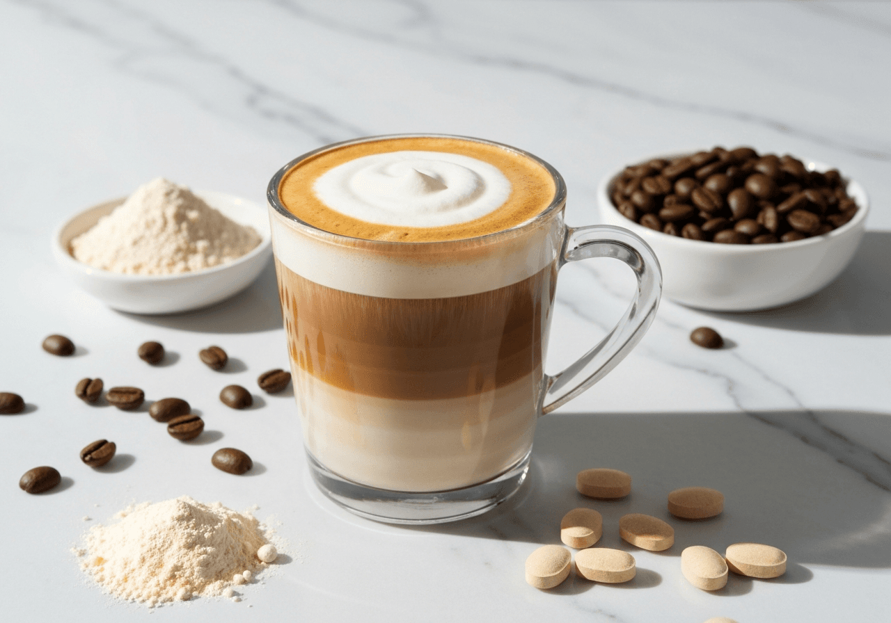 Wellness coffee with protein, caffeine, creatine, and collagen